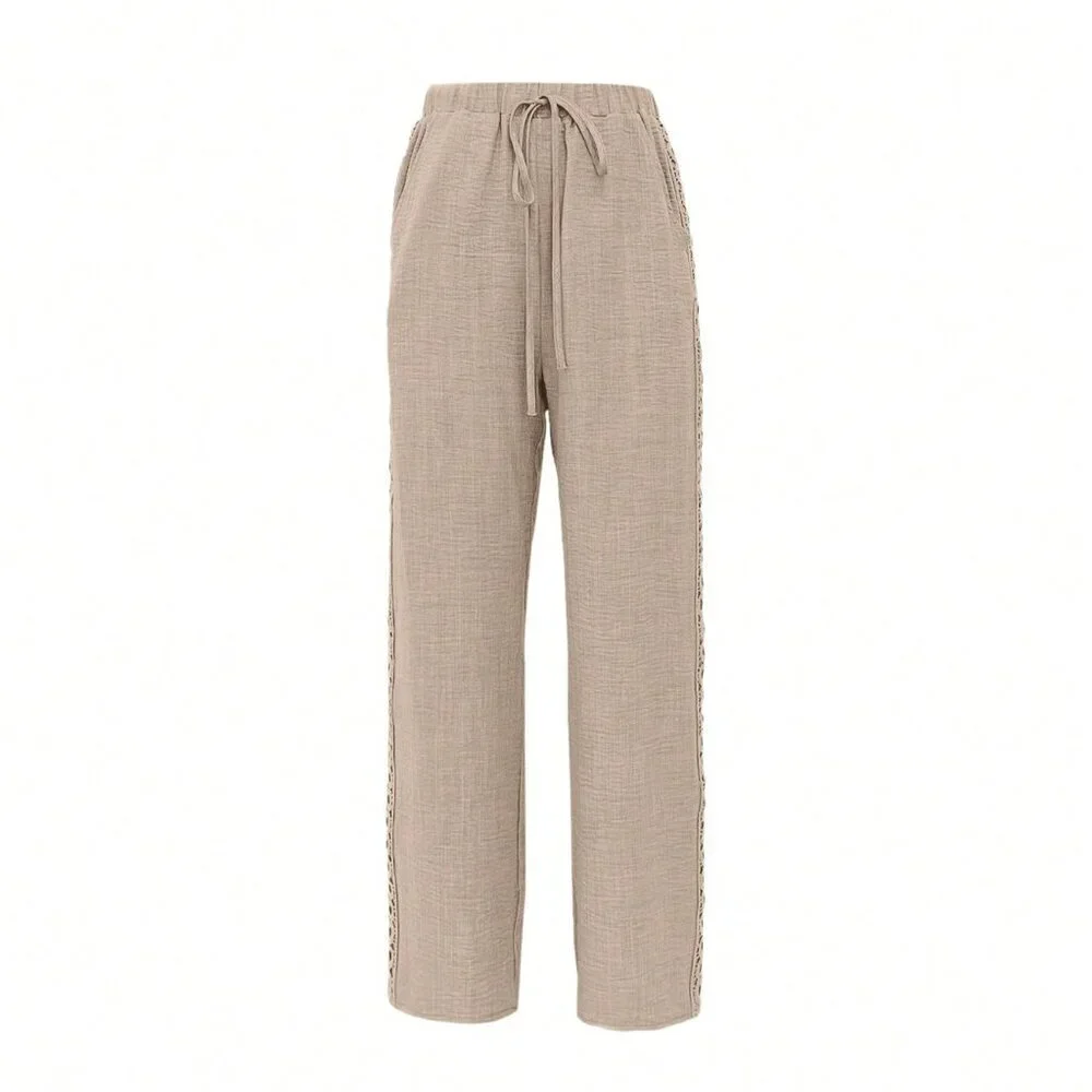 Khaki Casual Women's Side Lace Solid Denim Effect Long Pants